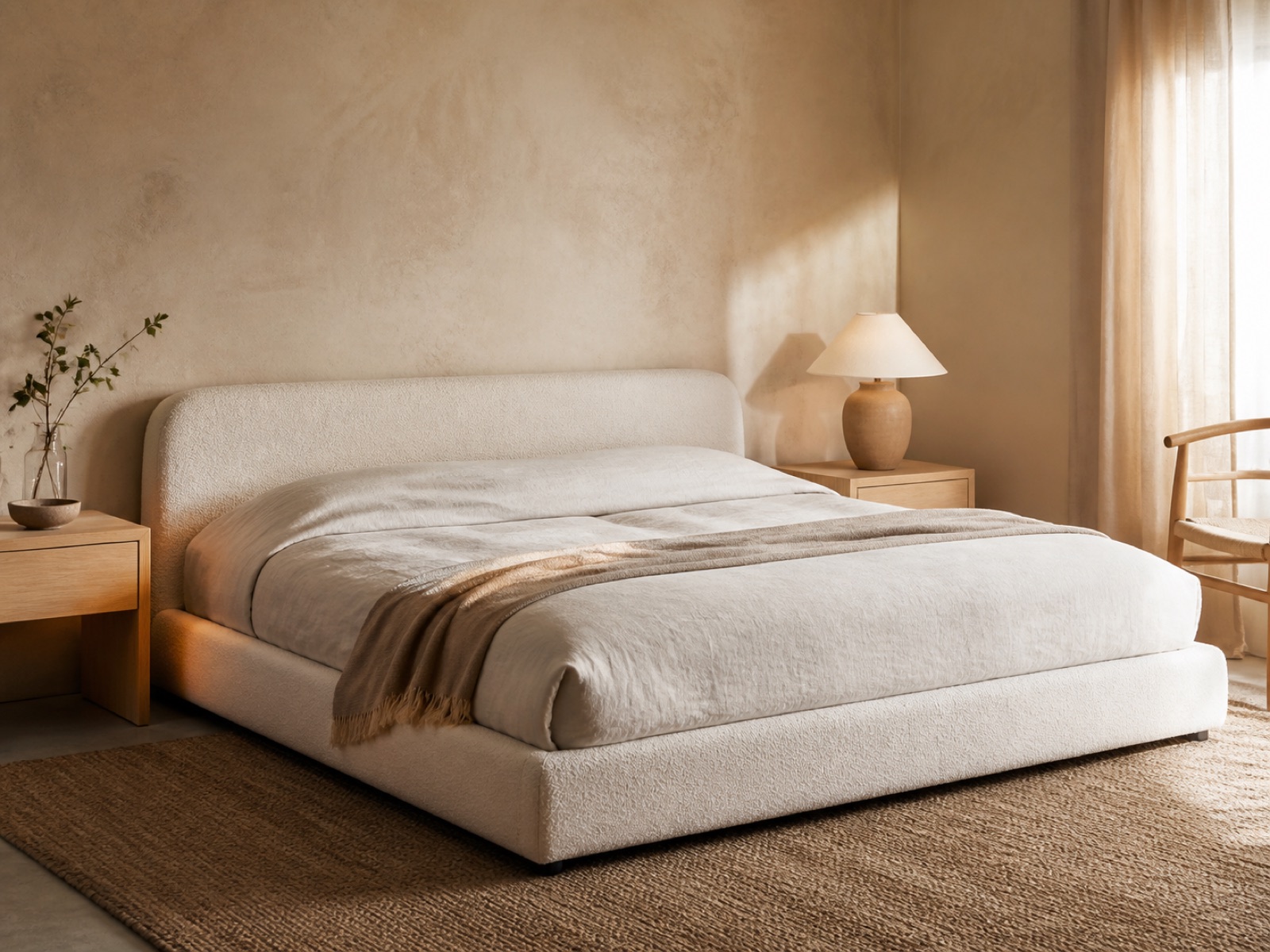 Low upholstered bed with oak bedside tables in a warm minimal bedroom