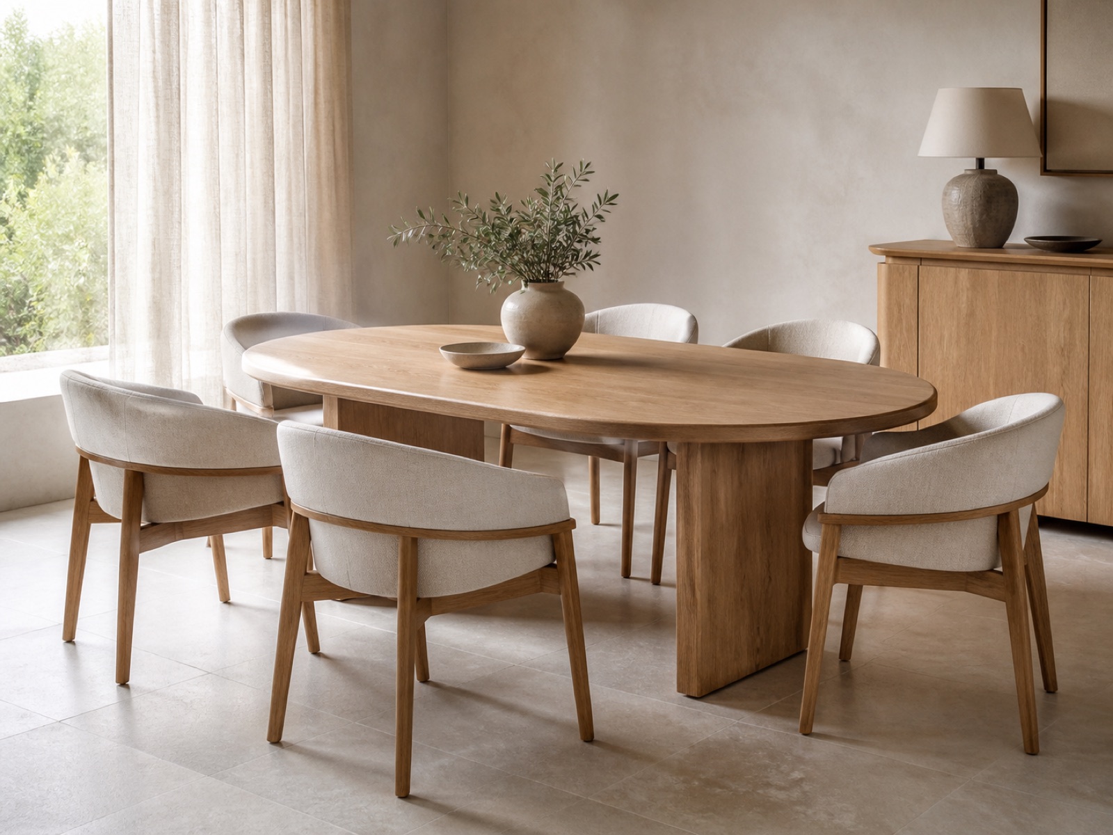 Oak dining table with six upholstered dining chairs