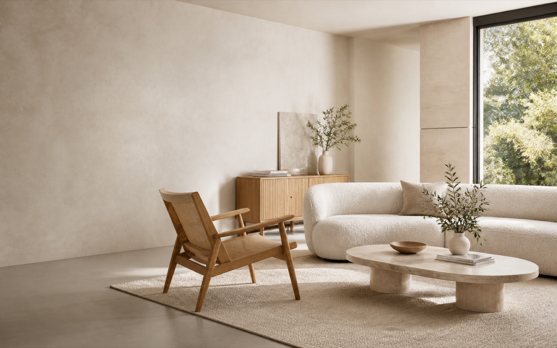 Warm contemporary living room furnished with an oak chair, boucle sofa and stone coffee table