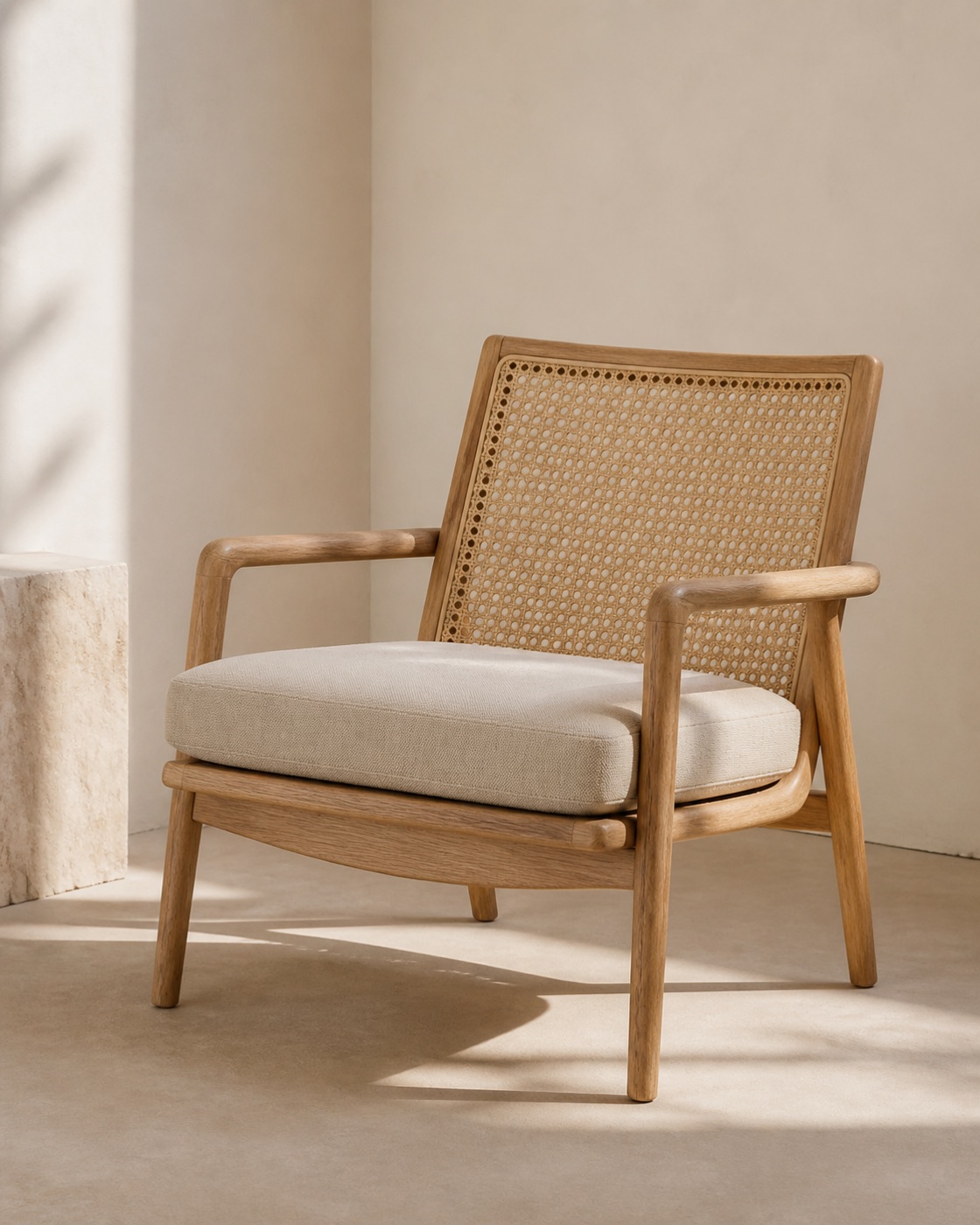 Oak lounge chair with woven cane back and upholstered seat