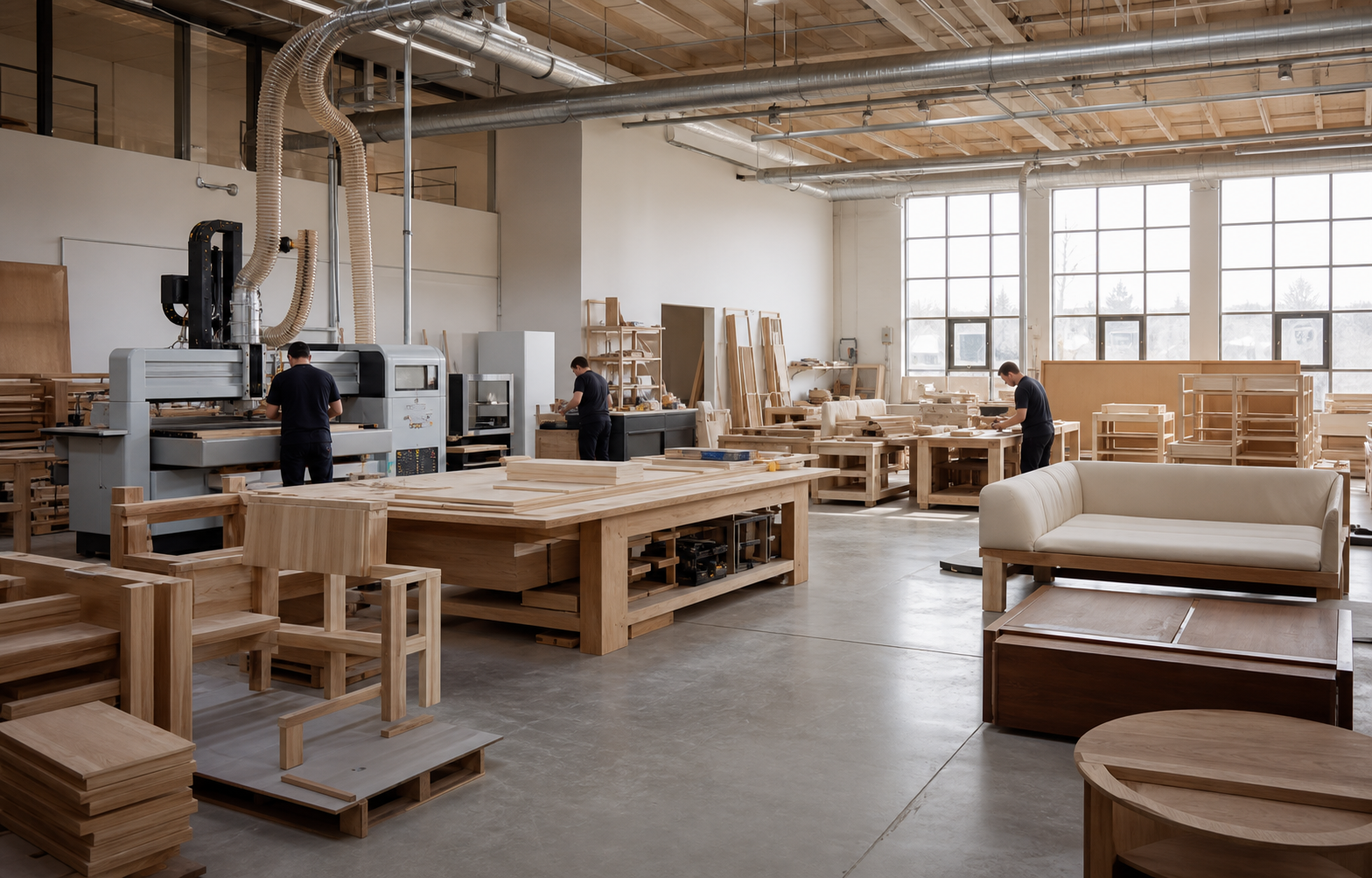 Representative modern furniture workshop with timber components and workstations